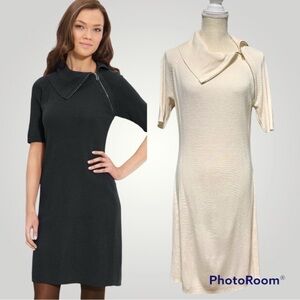 CALVIN KLEIN Ivory ASYMMETRICAL zippered versatile TURTLENECK SWEATER DRESS